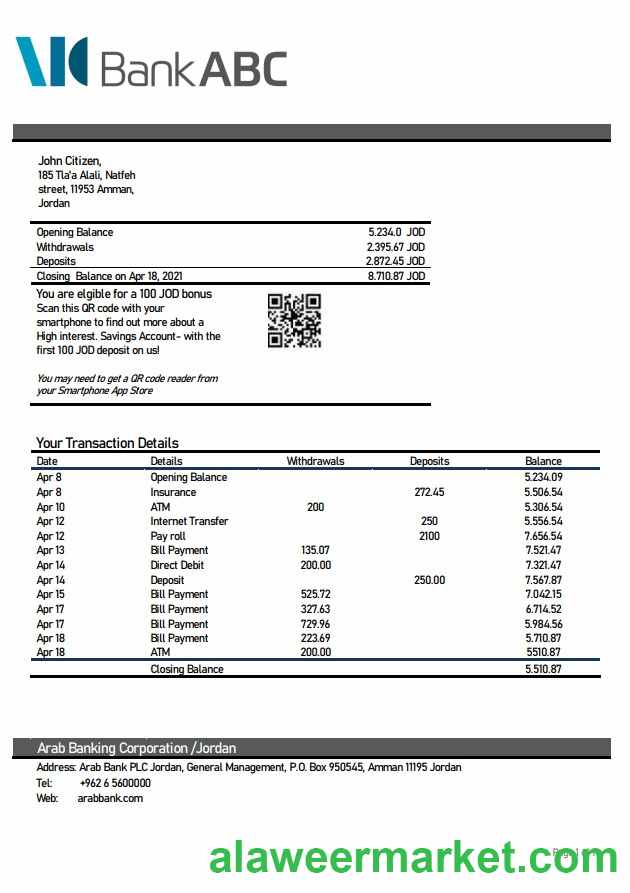 Jordan ABC Bank statement
